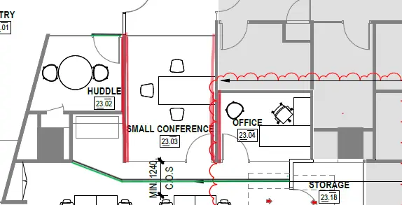 Marked-up floor plan showing the affected office area and containment route
