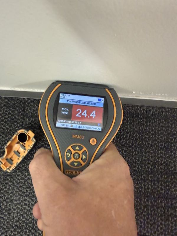 Protimeter moisture meter reading 53.6% WME against office wall